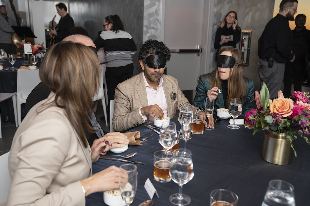 Blindfolded dinner guests