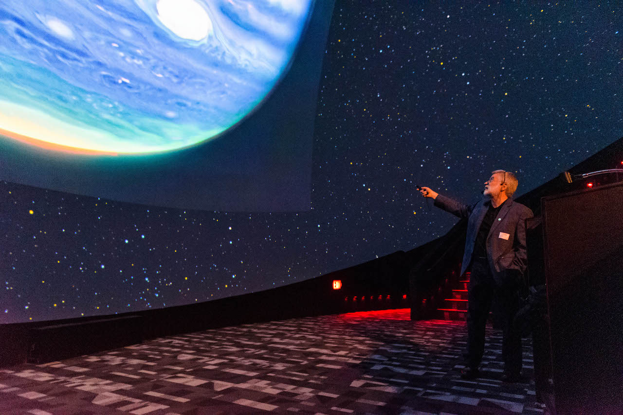 The planet Jupiter, as seen by the JWST, on the planetarium screen