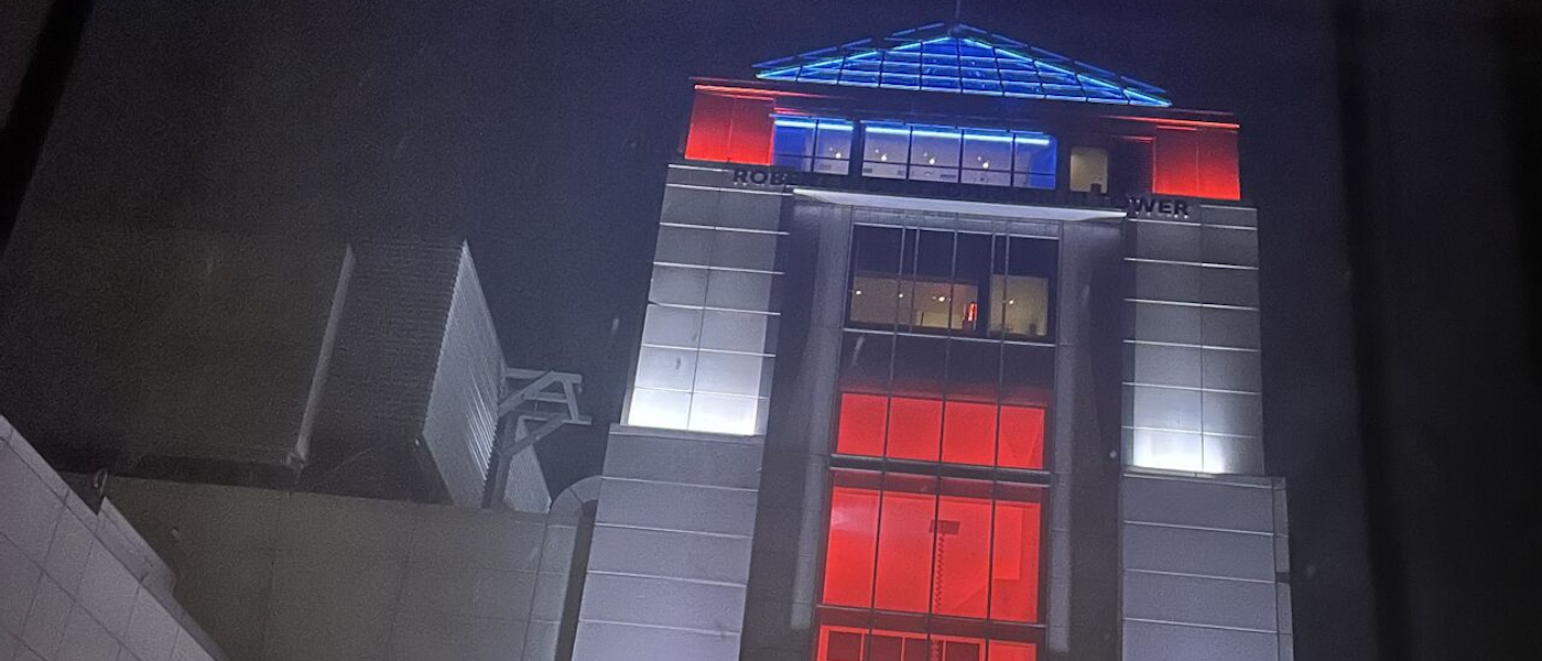 Robert Wood Johnson III Tower lit up for Memorial Day