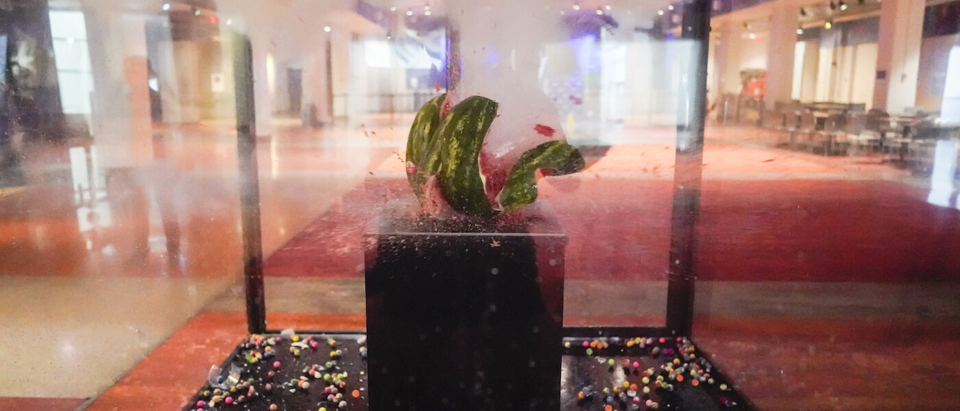 A watermelon explodes during Boom Time presentation